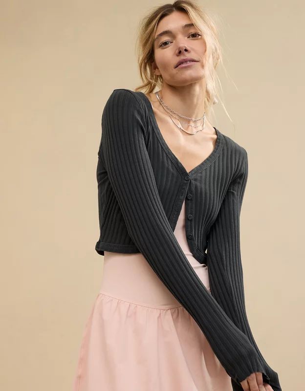 Aerie Cropped Ribbed Cardigan | Aerie