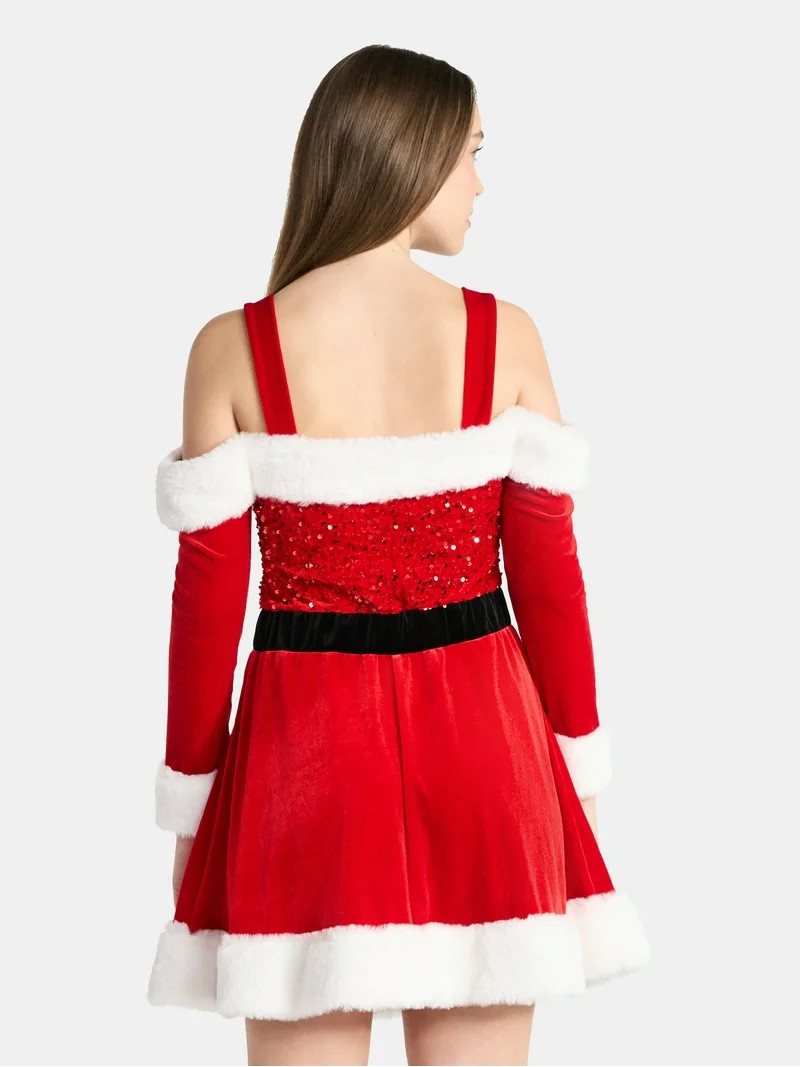 No Boundaries Off The Shoulder Christmas Holiday Dress with Faux Fur, Women’s | Walmart (US)