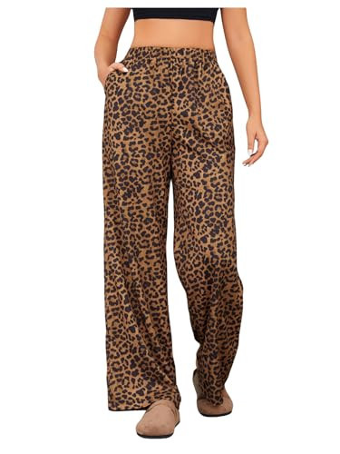 OYOANGLE Women's Leopard Print Elastic High Waist Long Pants Wide Leg Loose Trousers with Pockets Brown Black X-Small | Amazon (US)