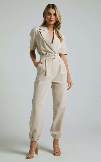 Coco Jumpsuit - Collared Short Sleeve Straight Leg Jumpsuit in Stone | Showpo (US, UK & Europe)