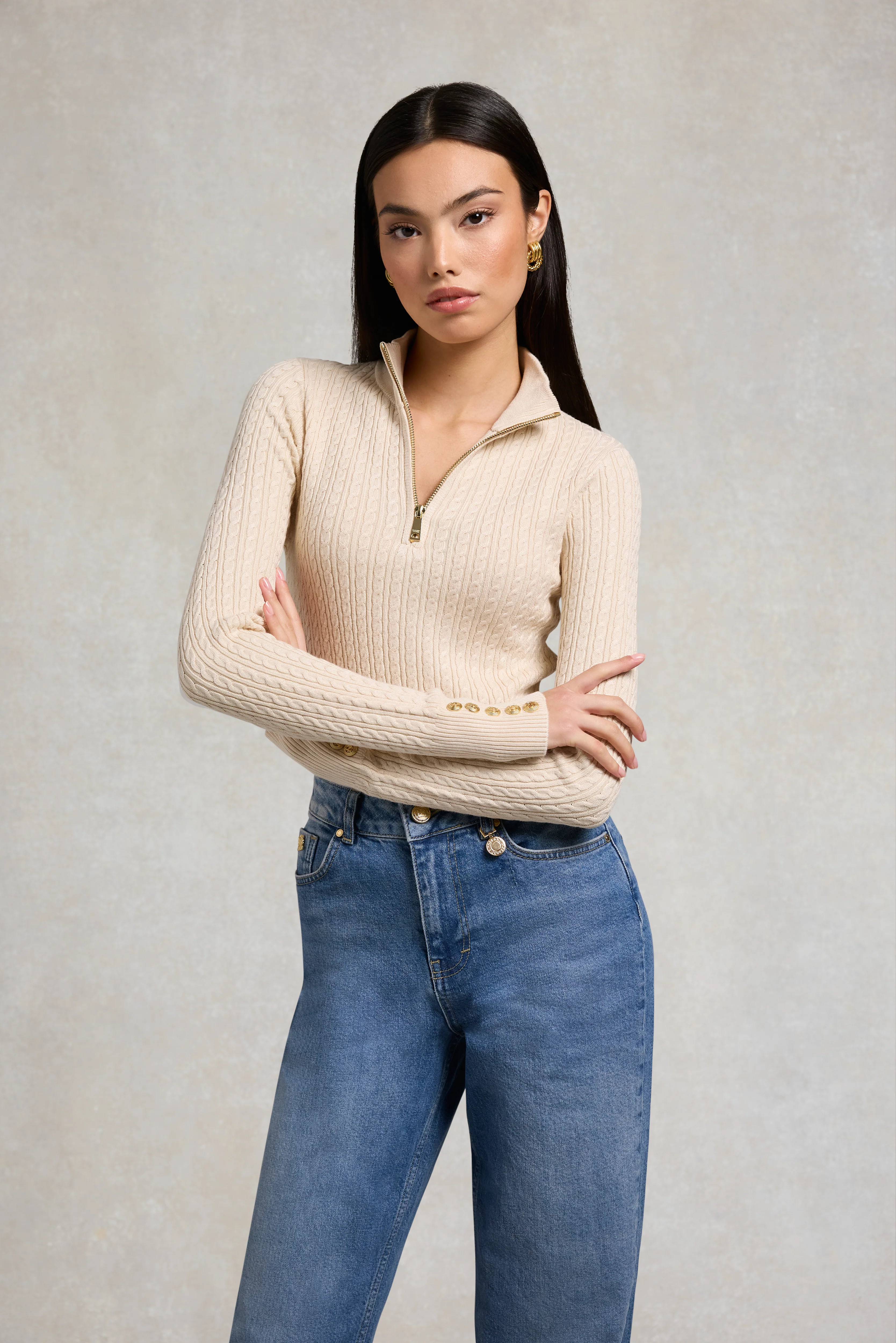 Ava Quarter Zip Knit (Almond) | Holland Cooper