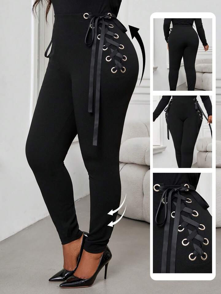 SHEIN Lady Autumn And Winter Elegant Black Knitted Lace Up Long Plus Size Leggings | SHEIN
