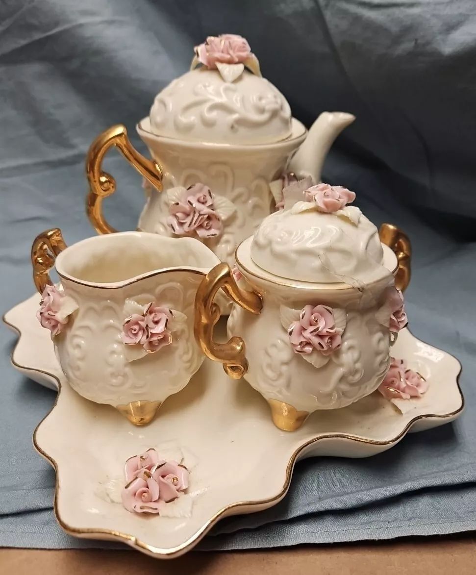 Unused 6 Piece Tea Set Pink Roses 10K Gold Trim Cracker Barrel victorian | eBay US