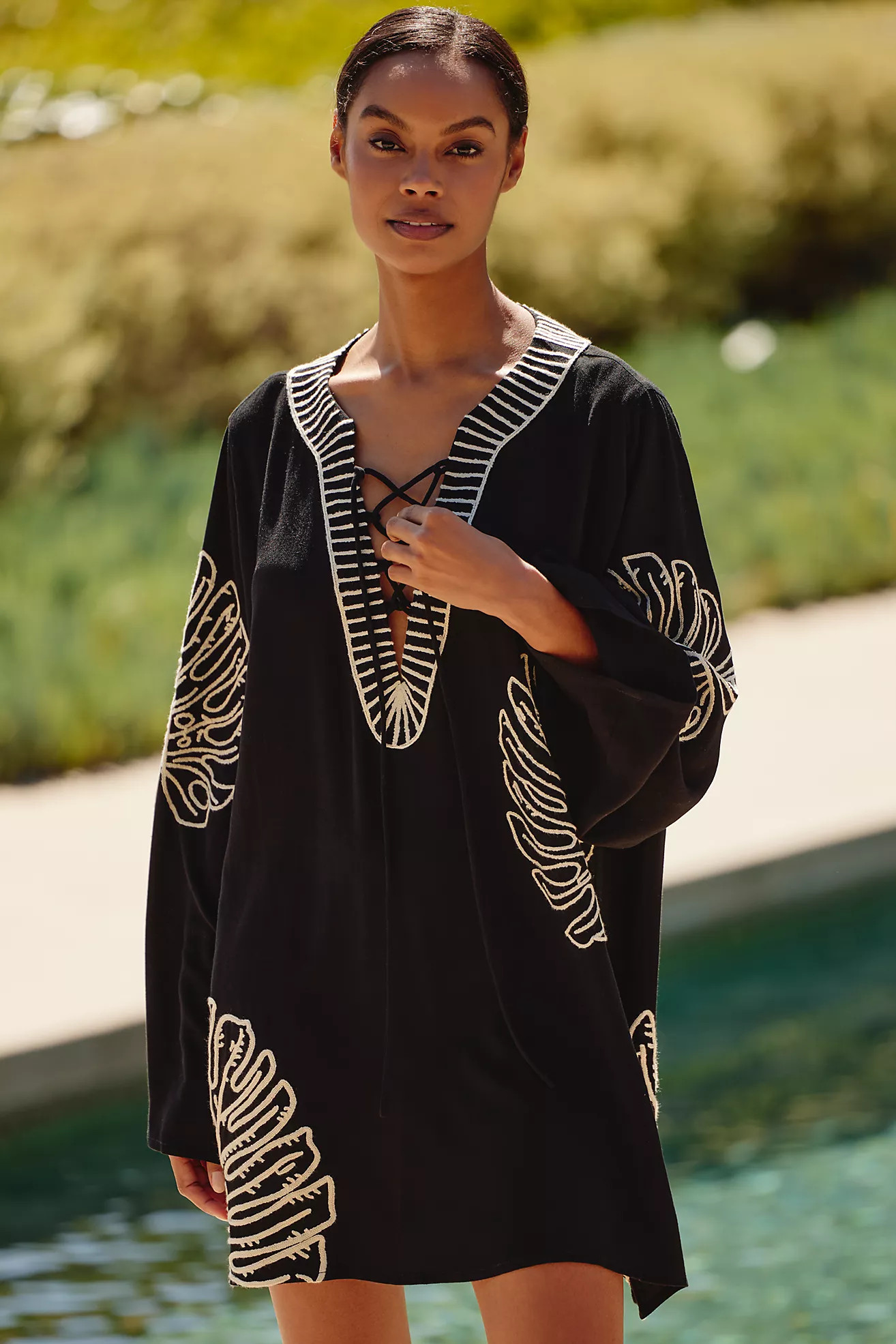 By Anthropologie Linen Blend Long-Sleeve Palm Leaf Embellished Mini Kaftan | Anthropologie (US)