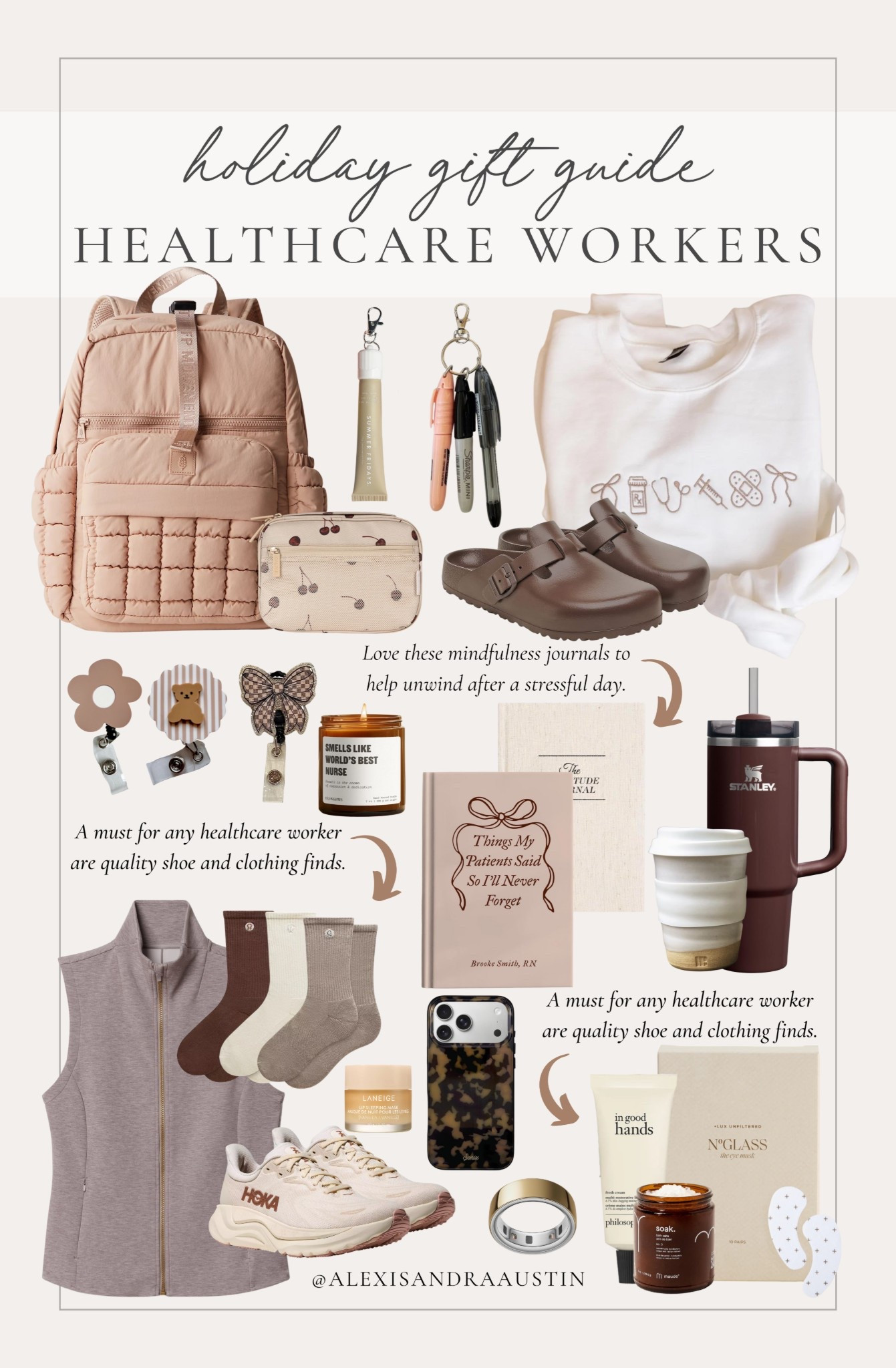 Holiday gift guide for the healthcare worker! From self care favorites to work essentials, find all of my favorite gifts!

Home finds, holiday gift guide, for the healthcare worker, nurses gift guide, neutral gifts, self care gifts, neutral backpack, cozy sweatshirt, work clogs, neutral socks, phone case, Oura, Free People, Lululemon, Stanley, Etsy, shop the look!

#LTKSeasonal #LTKHoliday #LTKGiftGuide