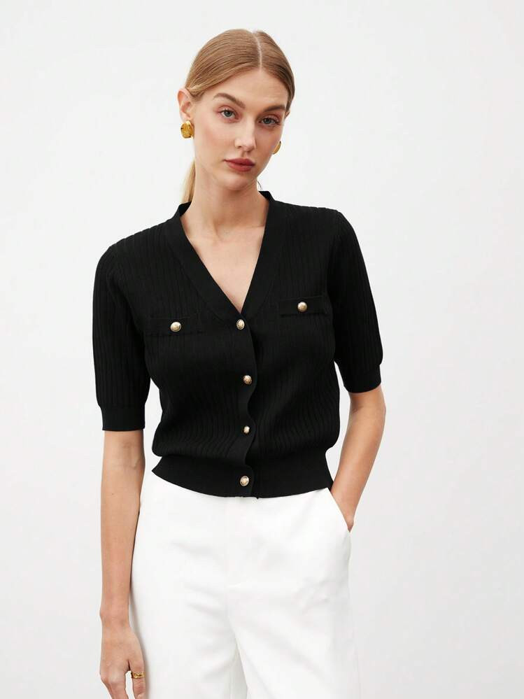 SHEIN BIZwear Women Solid Color Front Button Long Sleeve Casual Knit Sweater | SHEIN