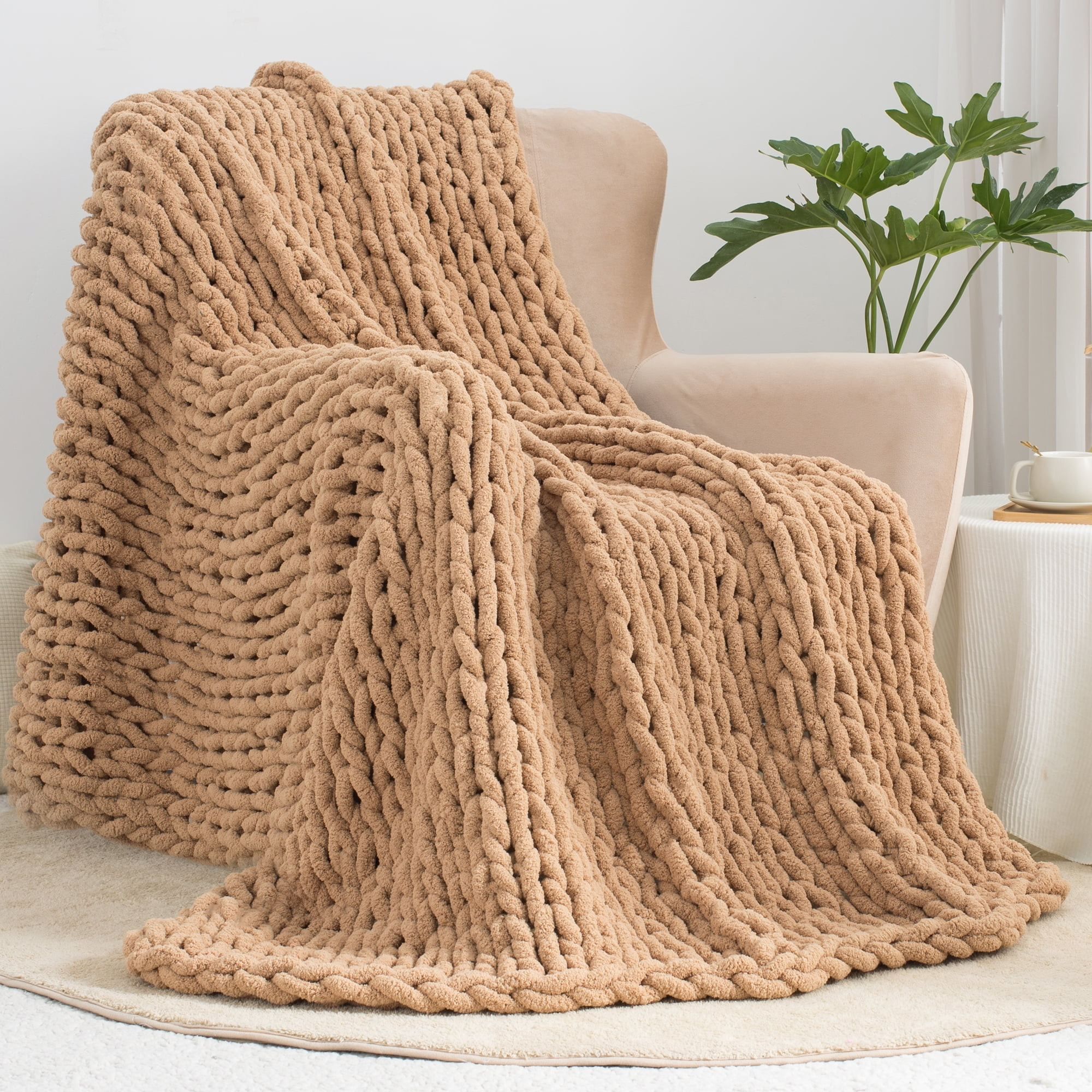 Carriediosa Chunky Knit Throw Blanket Handmade Soft Throws for Couch Sofa Bed, 50" x 60" Tan Brow... | Walmart (US)