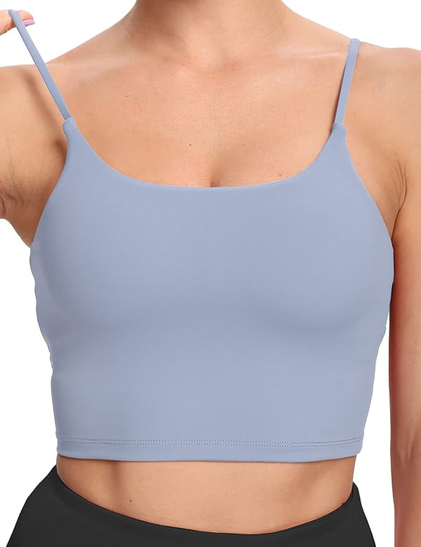 Longline Sports Bras for Women,Spaghetti Straps Padded Crop Tank Top with Built in Bra Medium Imp... | Amazon (US)
