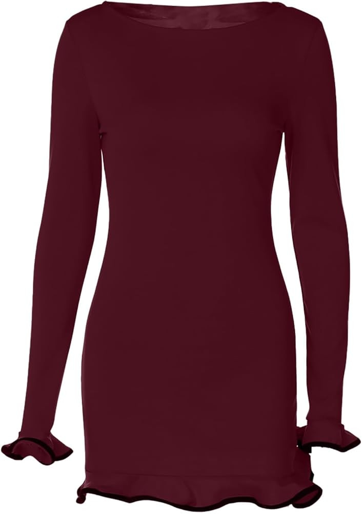 Sweater Dress for Women Crewneck Ruffled Rib Knitted Fall Dress Slim Fit Casual Pullover Short Winter Dresses Bodycon | Amazon (US)