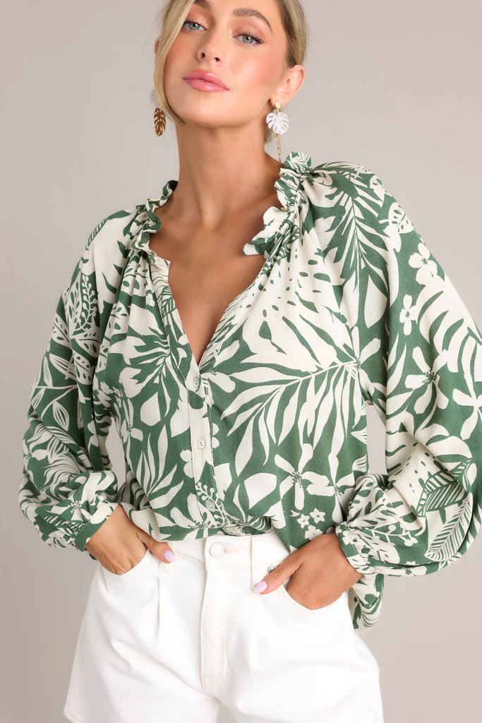 Jungle Luxe Green Tropical Print Button Front Top | Red Dress