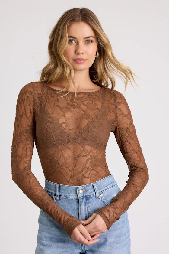 Hunter Light Brown Sheer Lace Long Sleeve Top | Lulus