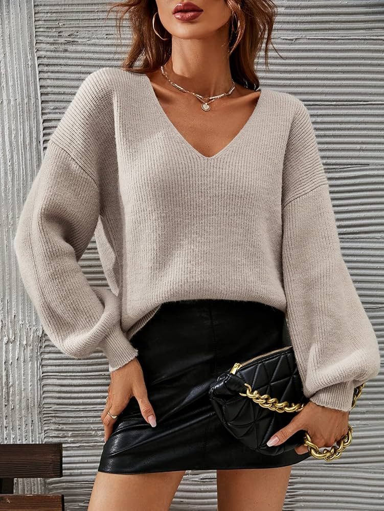 QONIA Women's Sweater V-Neck Drop Shoulder Sweater Sweater for Women (Color : Apricot, Size : Med... | Amazon (US)