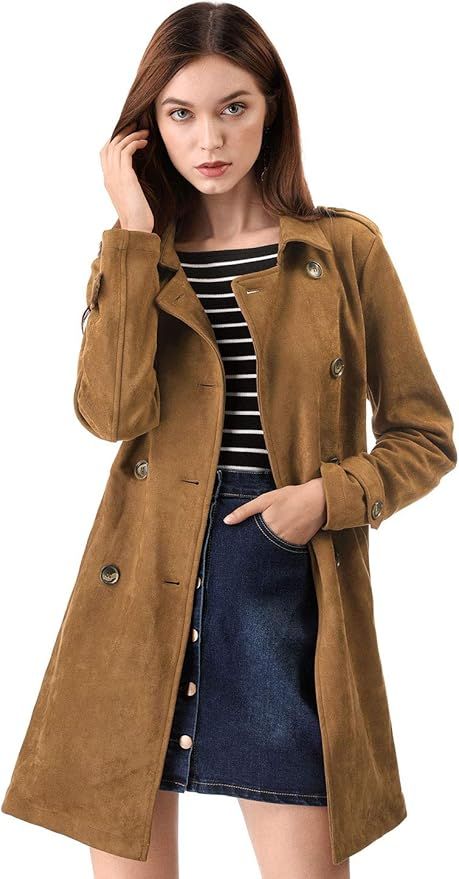 Allegra K Women's Faux Suede Trench Coat Notched Lapel Double Breasted Jacket with Belt | Amazon (US)