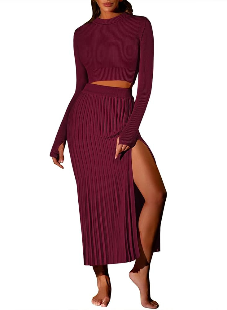 Pink Queen Women's 2 Piece Sweater Outfits Set Long Sleeve Crop Top Ribbed Split Bodycon Midi Lon... | Amazon (US)