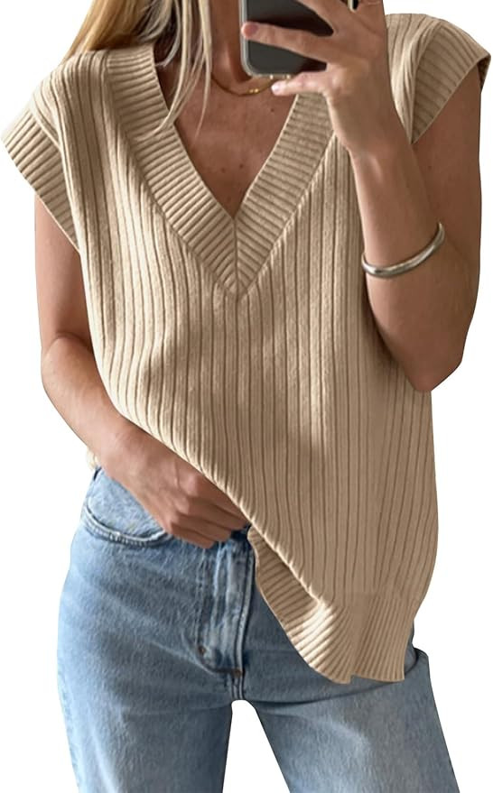 Saodimallsu Womens V Neck Sweater Vest Oversized Ribbed Knit Sleeveless Casual Loose Fit Pullover... | Amazon (US)