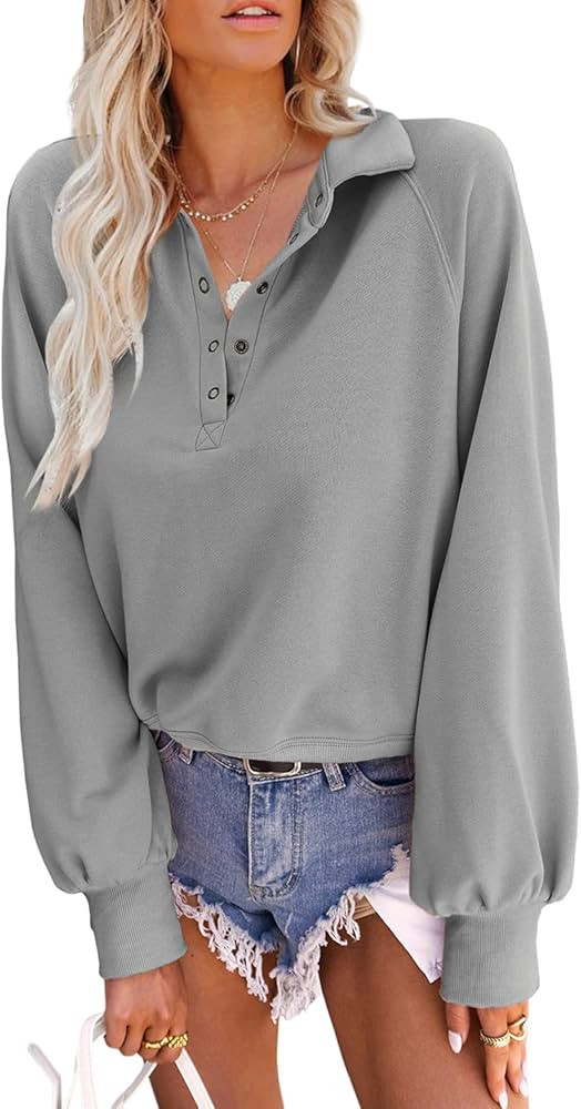 ReachMe Womens Fall Loose Fit Sweatshirts Casual Snap Front Pullover Tops V Neck long Sleeve Henl... | Amazon (US)