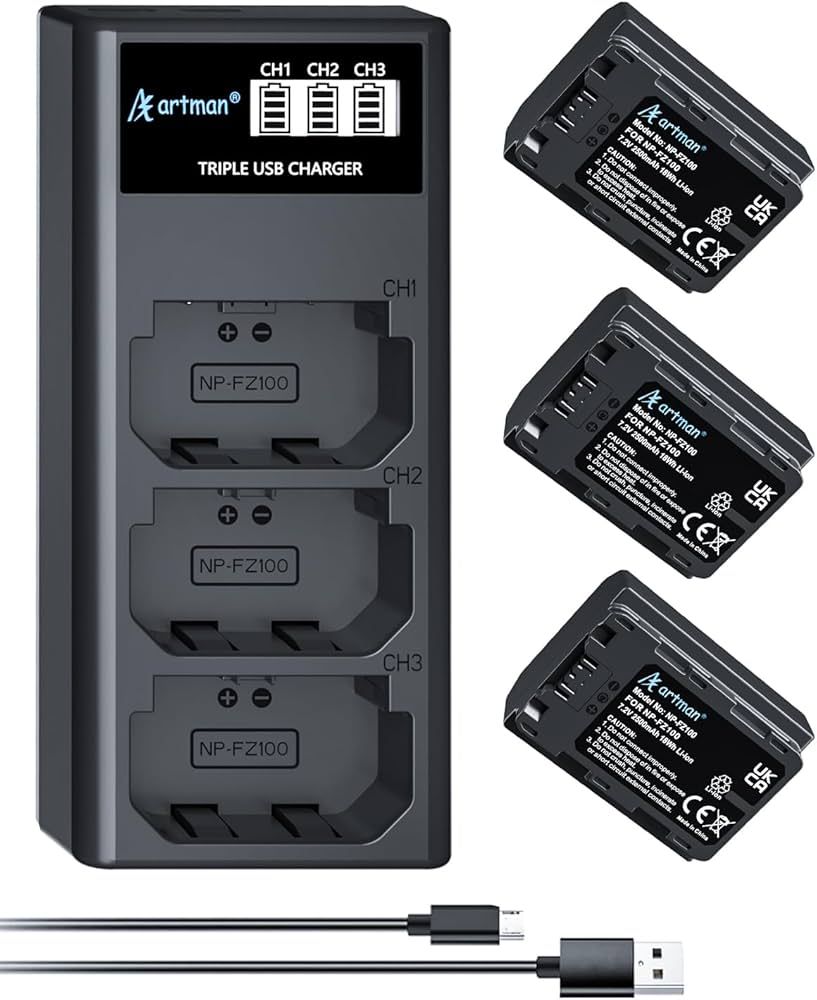 Artman 3-Pack NP-FZ100 Battery 2500mAh and 3-Slot LCD Charger for Sony FX3 FX30 A7 III A7 IV A7R ... | Amazon (US)