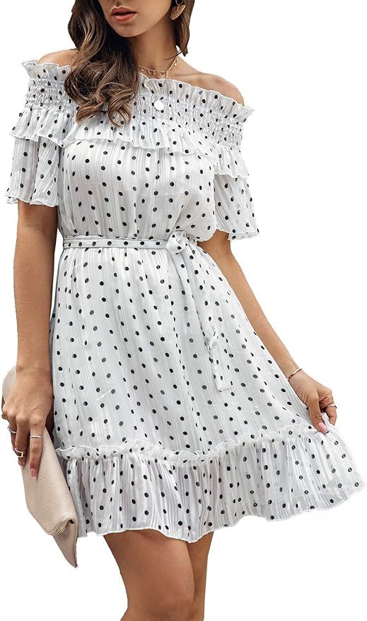 BTFBM Women Classic Polka Dot Print Belt Short Dress Ruffle Off Shoulder Short Sleeve Pleated Gli... | Amazon (US)