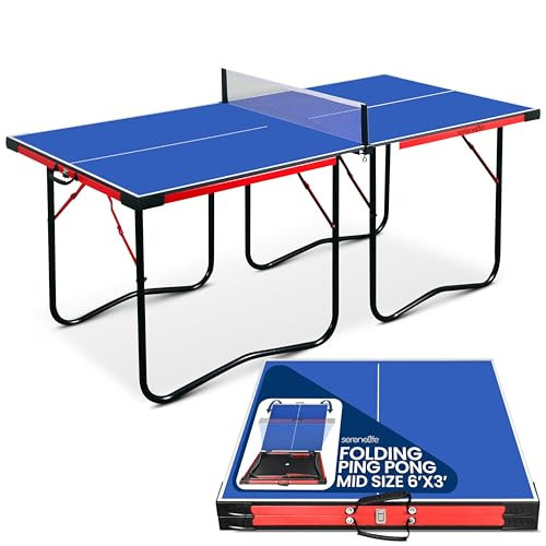 SereneLife Midsize Portable Ping Pong Table Set with Net, Clipper, Post - 6’ x 3’ Foldable Space-Saving Design, Blue | Amazon (US)