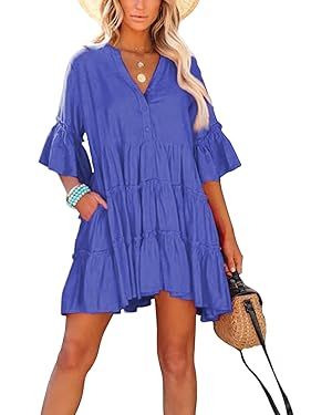 Womens Casual Summer Dress 2023 V Neck Bell Sleeve Mini Loose Flowy Swing Shift Beach Dresses | Amazon (US)
