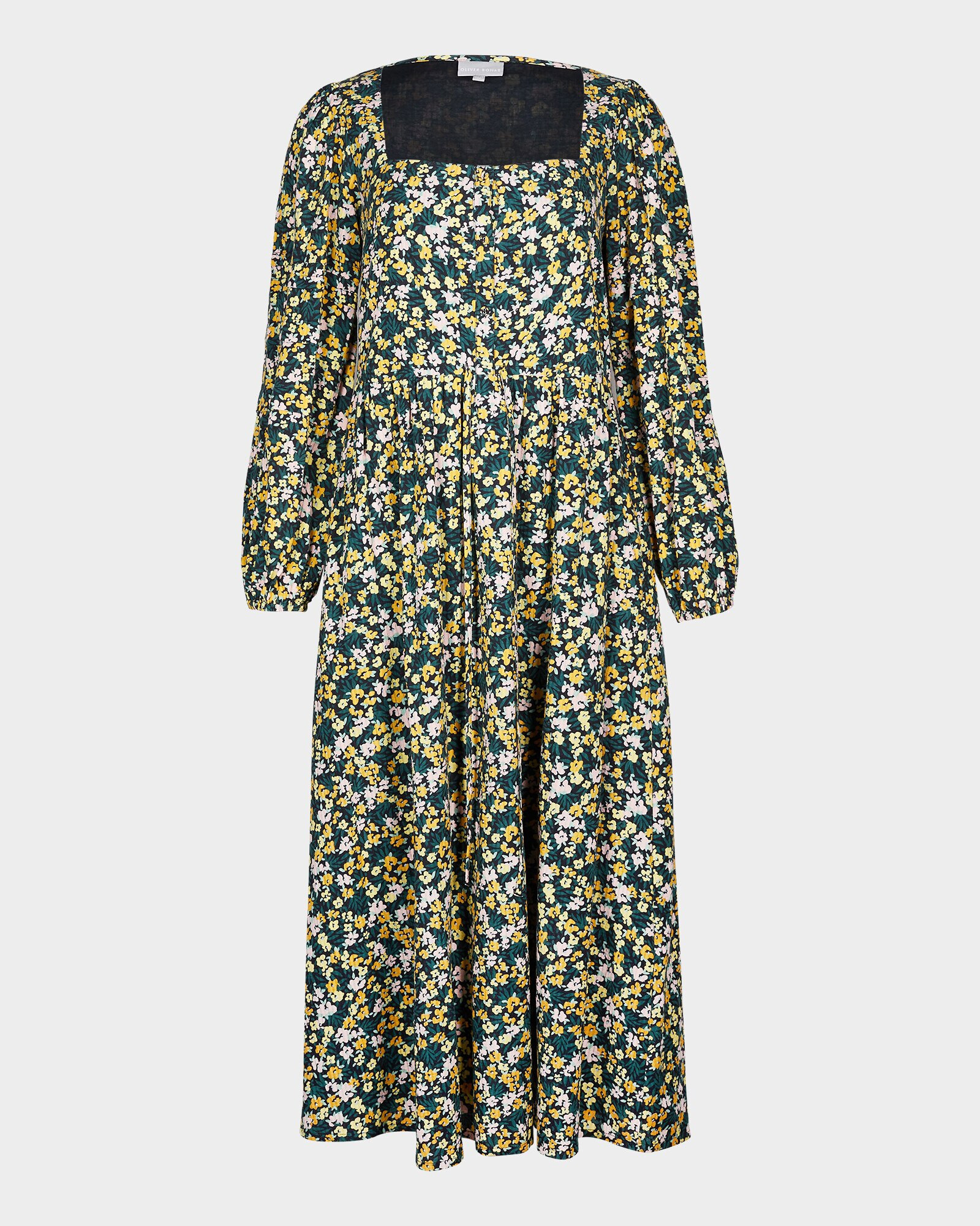 Painted Floral Print Square Neck Green Midi Dress | Oliver Bonas | Oliver Bonas (Global)