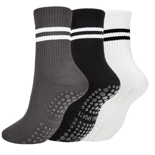 Pilates Socks with Grips,Yoga Socks Barre Socks Non Slip for Barre Ballet Barefoot Workout (3Pairs Striped-1Black1Grey1White) | Amazon (US)