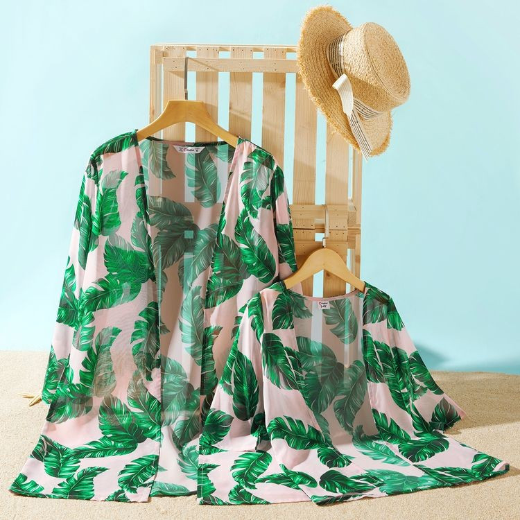 Green Leaves Print Long-sleeve Matching Pink Cover Up | PatPat
