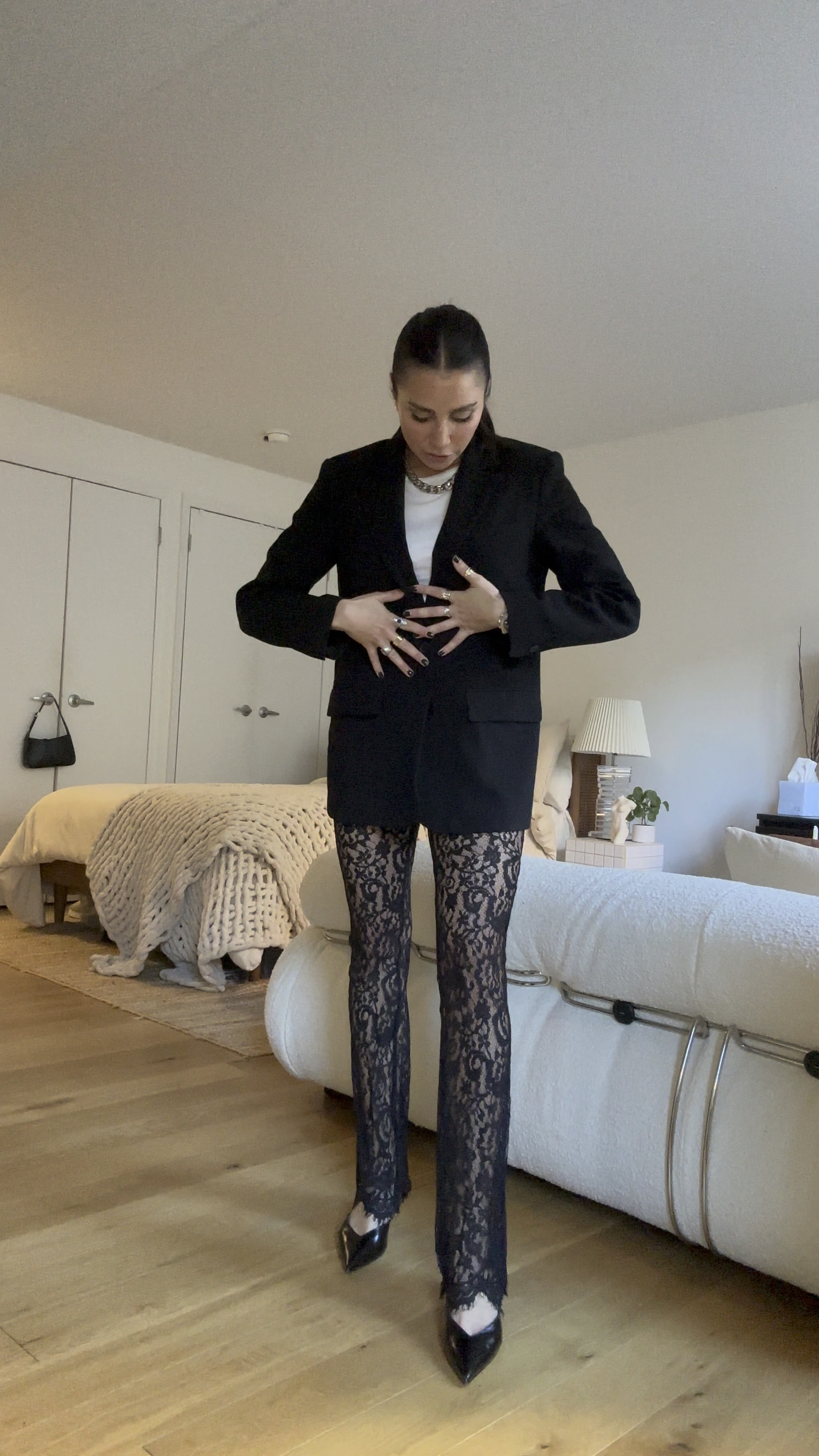 Girl dinner fit 🤌 black lace trousers, oversize blazer with a white tee and kitten heels paired with silver accents. Love this metallics silver purse and my chunky chain necklace I get so much use out them

#LTKsalealert #LTKSeasonal #LTKstyletip