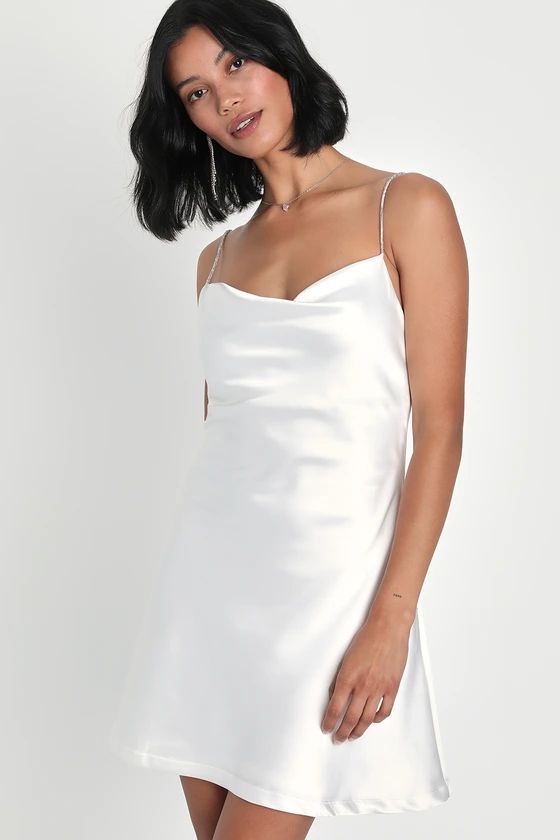 Rare Sparkle White Satin Rhinestone Strap Mini Dress | Lulus (US)