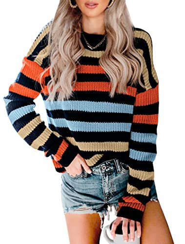 KIRUNDO Women's 2025 Fall Winter Striped Color Block Short Sweater Long Sleeve Crew Neck Casual Loose Knit Pullover Tops(Medium, 2004-Rainbow) | Amazon (US)