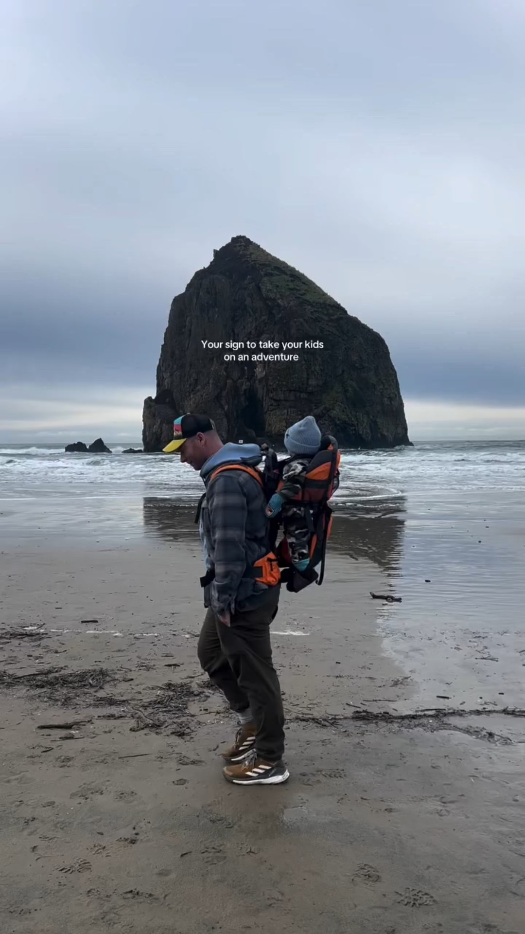 Nothing beats watching our kid get so excited to go explore 🧭 #pnwcompass #kidswhoexplore #pnwlife #oregoncoast #haystackrock