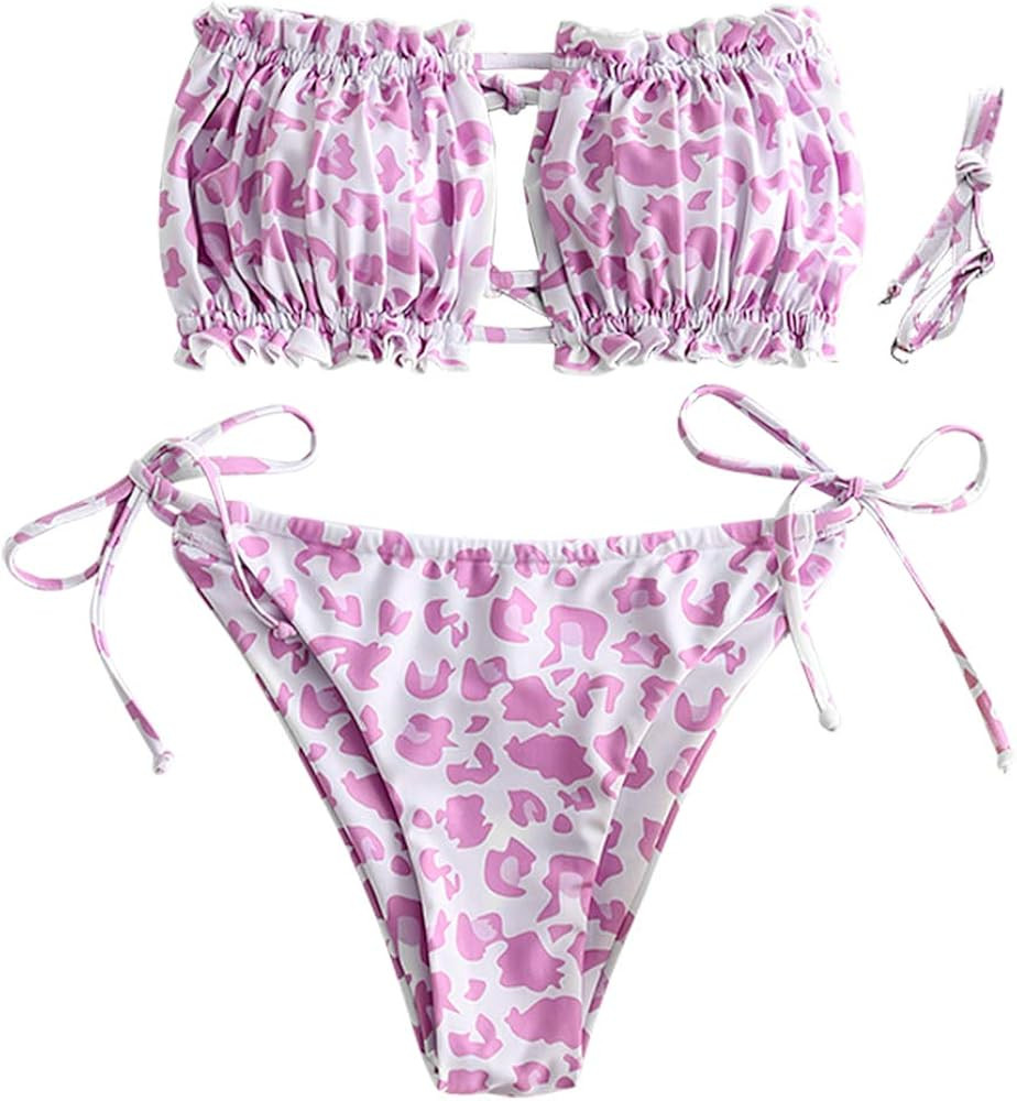 ZAFUL Women's Strapless Ribbed Tie Back Ruffle Cutout Bandeau Bikini Set Swimsuit | Amazon (US)