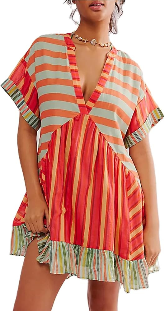Women Boho Summer Dresses Y2K Babydoll Flowy Dress Ruffle Mini Dress Deep V-Neck Casual Floral Su... | Amazon (US)