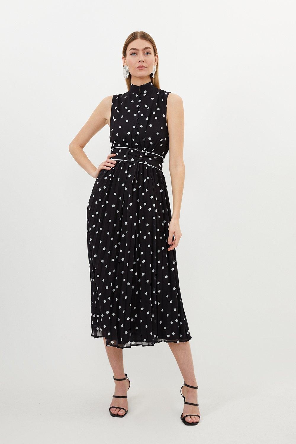 Pleated Contrast Georgette Spot Woven Maxi Dress | Karen Millen UK + IE + DE + NL