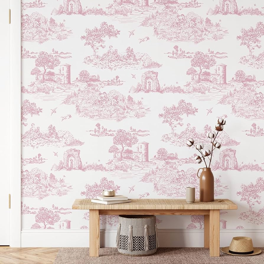 WENMER Pink Toile Peel & Stick Wallpaper for Bedroom, Self-Adhesive White and Pink Vintage French... | Amazon (US)