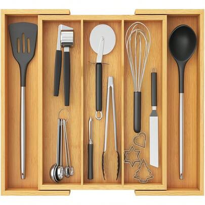 Utensil Organizer For Kitchen Drawer, Expandable Cooking Utensil Tray, Bamboo Cutlery Silverware Flatware Holder, Adjustable Spatula Tools And Gadgets | SHEIN