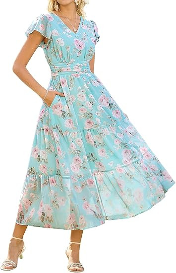 GRACE KARIN 2026 Women Summer Dress,Maxi Short Sleeve Floral Dresses,Semi Formal Flowy Wedding Gu... | Amazon (US)