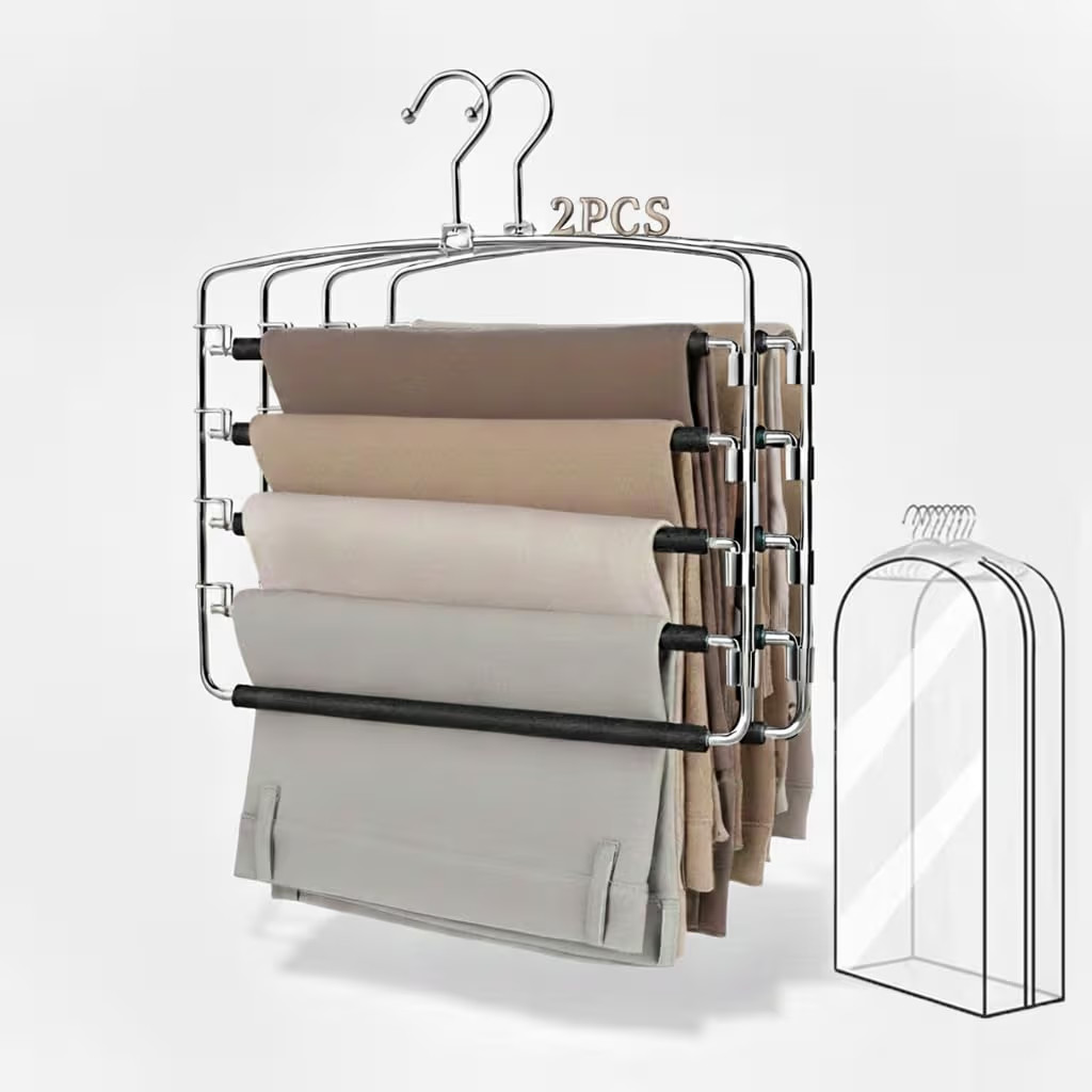 2-Pack Stainless Steel Pants Hangers, 5-Tier Space Saving Closet Organizer for Jeans, Trousers wi... | Amazon (US)