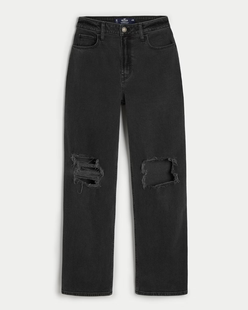 Women's Ultra High-Rise Ripped Washed Black Dad Jeans | Women's Bottoms | HollisterCo.com | Hollister (US)