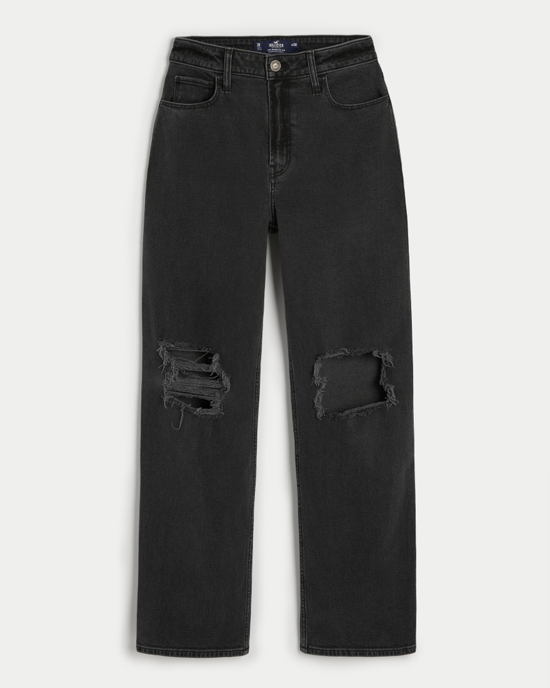 Women's Ultra High-Rise Ripped Washed Black Dad Jeans | Women's Bottoms | HollisterCo.com | Hollister (US)