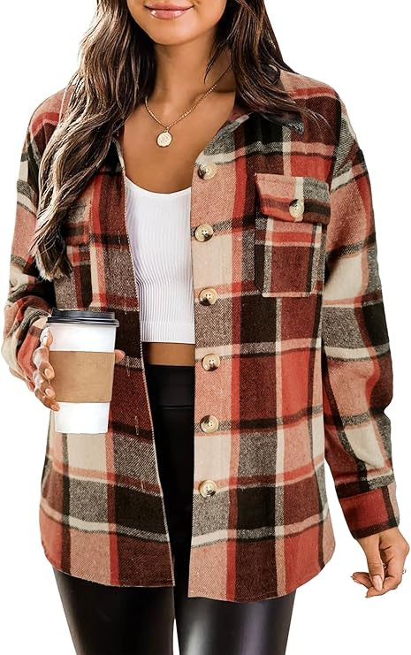 HOTOUCH Womens Flannel Plaid Shacket Jacket Button Down Tartan Trench with Pocket Long Sleeve Cro... | Amazon (US)