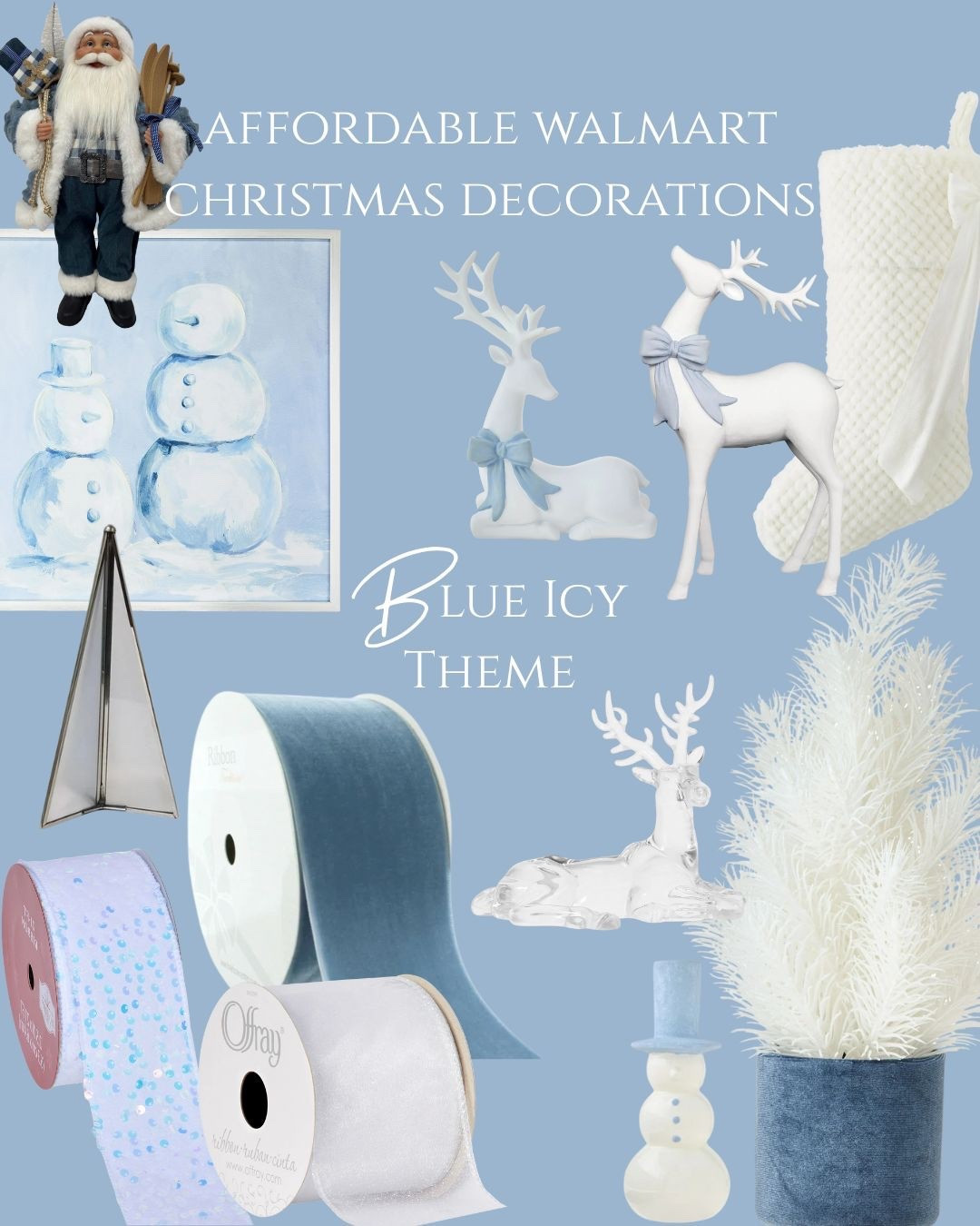 Bring home a magical Icy Blue Christmas with Walmart’s affordable winter decor finds. This frosty holiday look includes white and powder-blue Christmas ribbons, Santa and reindeer figurines, snowy art pieces, and shimmering accents that feel fresh, bright, and modern. Ideal for anyone searching for blue Christmas decor, winter wonderland holiday ideas, or affordable Christmas styling. Shop everything from the vignette here!

#LTKSeasonal #LTKHome #LTKHoliday