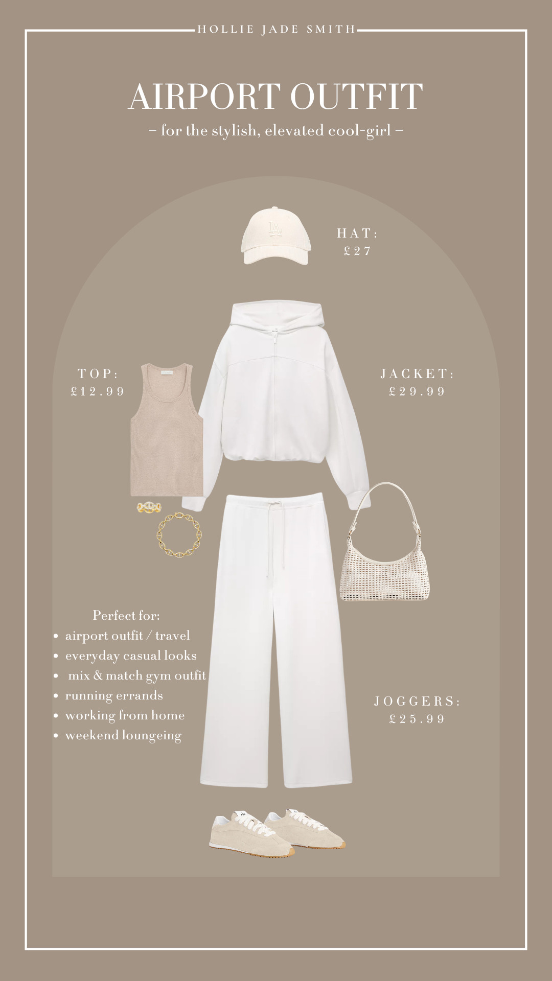 Affordable airport outfit for the stylish, cool-girl that wants to look put-together yet comfortable! 



| airport outfit, running errands, everyday casual spring outfits, travel outfit, working from home, loungewear, co ord set, matching jogger set, zip up hoodie, wide leg trousers, drawstring jogger trousers, woven shoulder bag, LA hat, borg hat, tank top, basics, zara new in, asos new in, holiday outfit, affordable high street, alo sunset sneaker, beige trainers, trending, bestsellers, how to style basics, spring / summer casual outfit. | 

 #LTKuk #LTKspring #LTKsummer