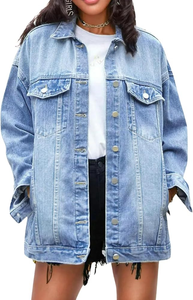 Omoone Women's Oversized Mid Long Denim Jacket Jean Biker Coat | Amazon (US)