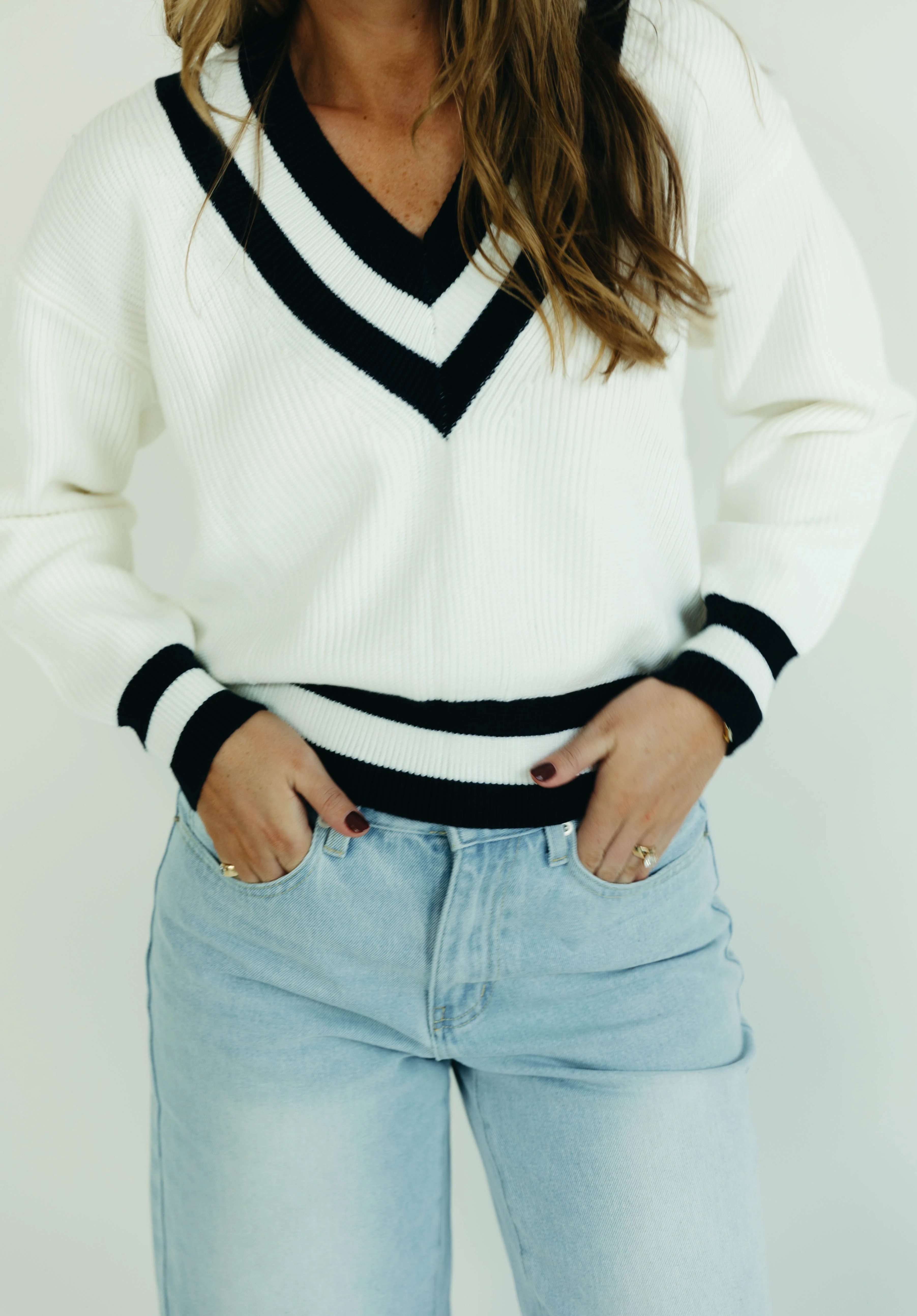 Varsity Sweater - Ivory/Navy Large | Triple Threads