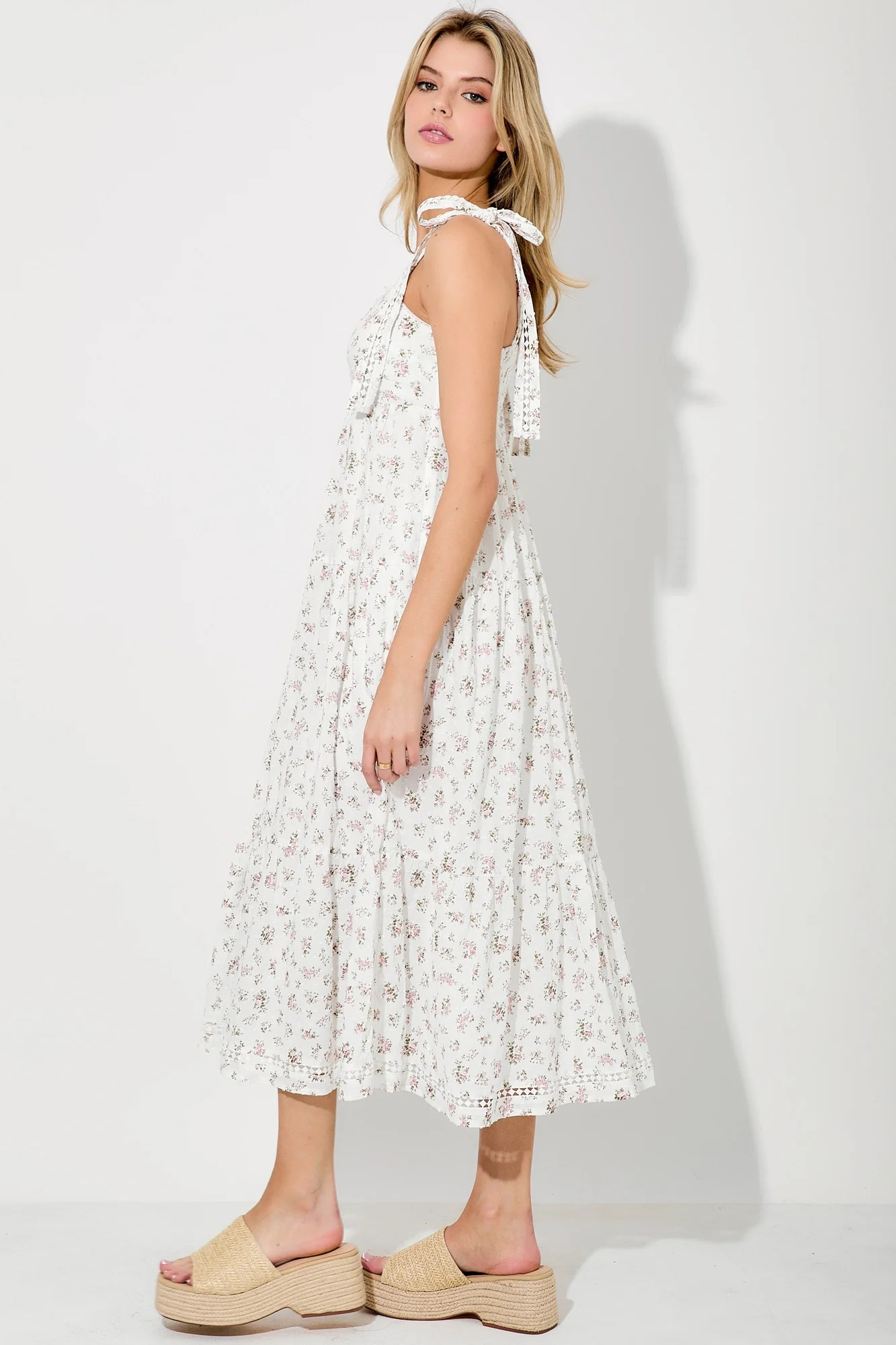 Light Pink Floral Shoulder Tie Midi Dress | PinkBlush Maternity