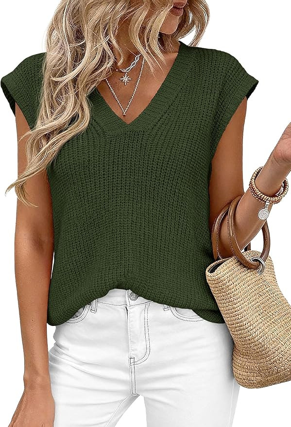 PRETTYGARDEN Women's 2026 Lightweight Sweaters Vest Spring Trendy Cap Sleeve V Neck Knit Tank Top... | Amazon (US)