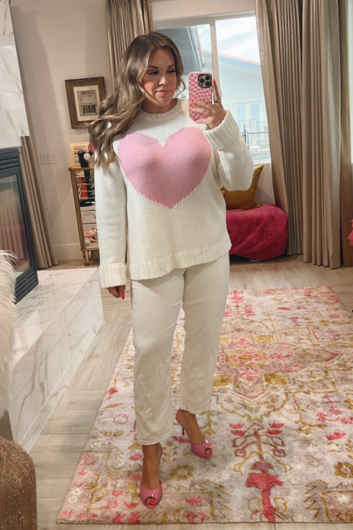 curvy valentine casual look! wearing size large in pink heart sweater {runs oversized} and 32 in cream straight leg denim! 

#LTKSeasonal #LTKcurves #LTKunder100