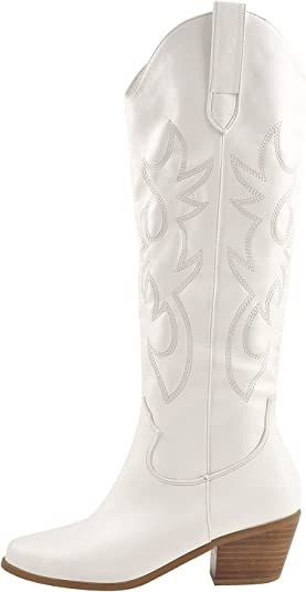 Richealnana Women's Cowgirl Round Roe Short Boots Embroidered Boots Chunky Heels | Amazon (US)