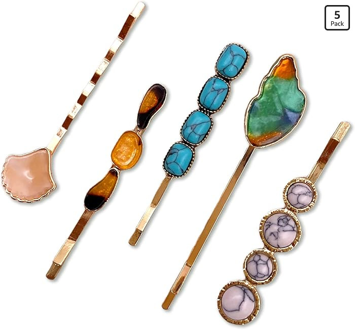 5PCS Vintage Inspired Mixed Stones Bobby Pins Decorative Hair Slides Clips Accessories Women | Amazon (US)